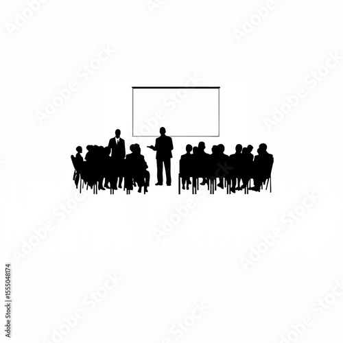 Silhouette of a group attending a business conference in a large hall on white background