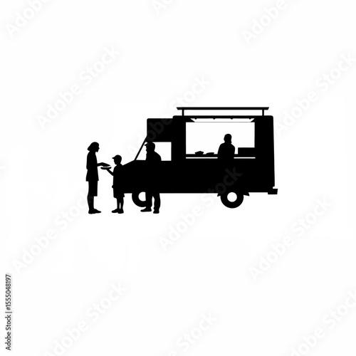 Silhouette of a food truck vendor serving customers on white background