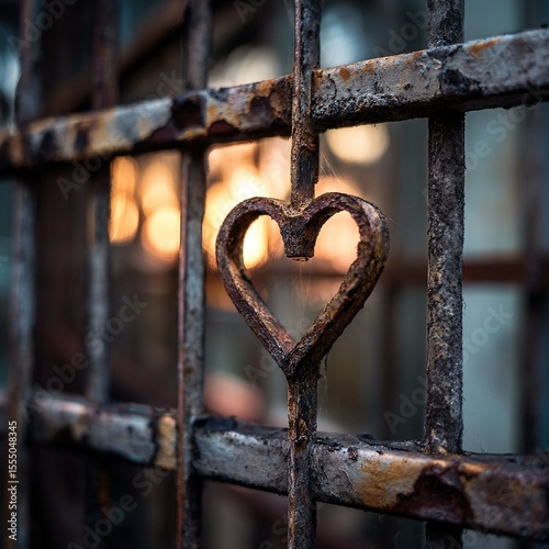 A rusty iron fence, a heart-shaped cutout in the center of one of the bars. The warm light of the sunset shines in the background. The atmosphere is melancholic, nostalgic, symbolic, and emotional.