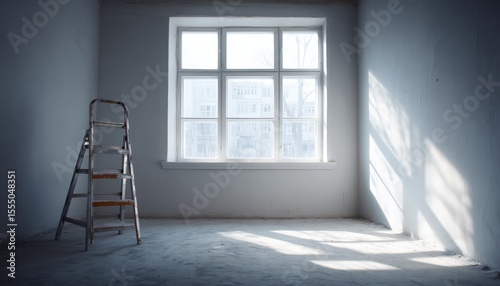 Sunlit empty room featuring a wooden ladder beside a large window, casting soft shadows on a dusty floor.