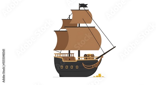 Cartoon illustration of a pirate ship with sails and treasure.