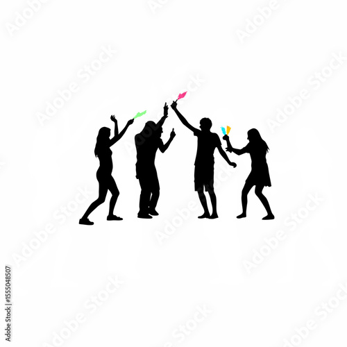 Silhouette of a group celebrating Holi with vibrant colored powder on white background