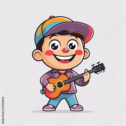 Cartoon boy playing guitar and smiling on light background for design concept