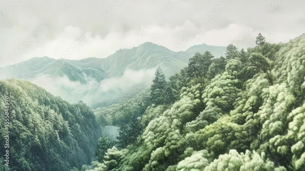 A green forest with mountains in the background