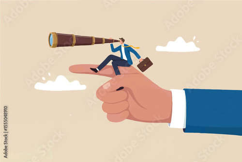 Businessman with spyglass on a giant finger isolated on transparent background