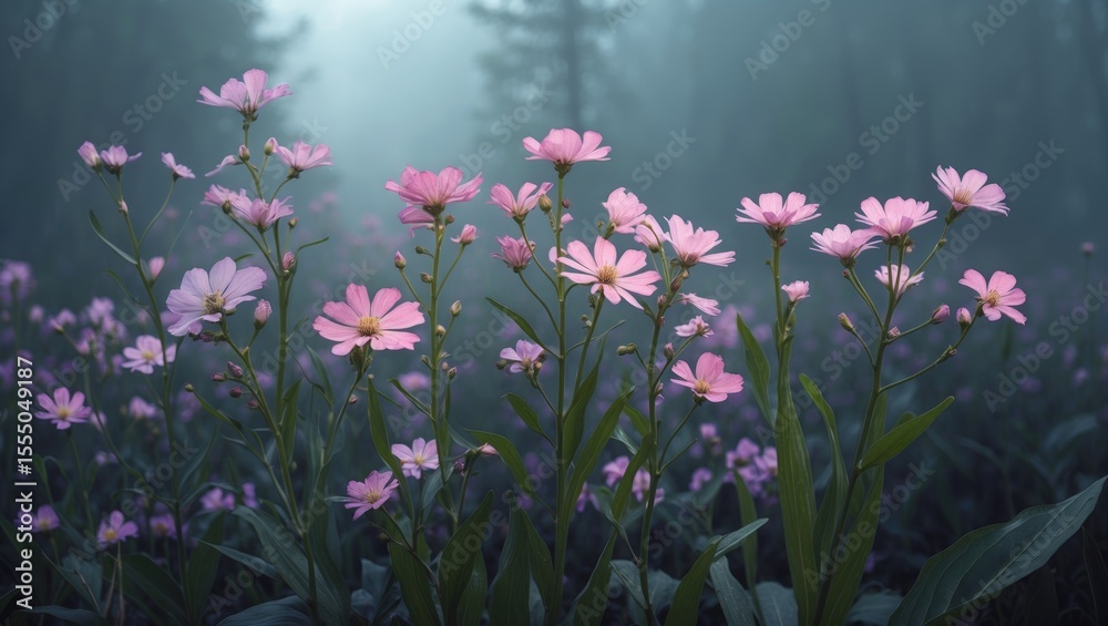 Fototapeta premium A field of pink flowers in a misty forest setting.