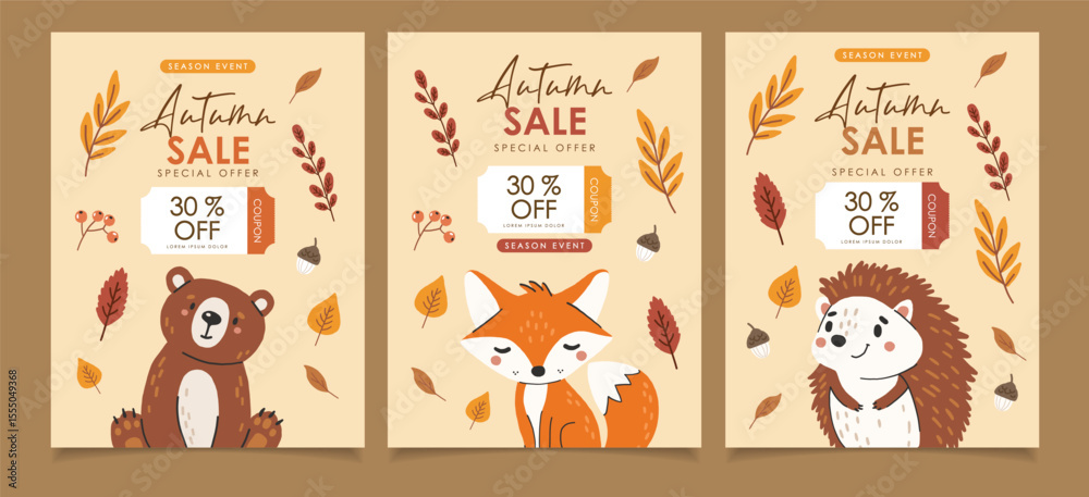 Fototapeta premium Wild animals set isolated, cute forest animals, kids vector, design for posters, stickers, banners
