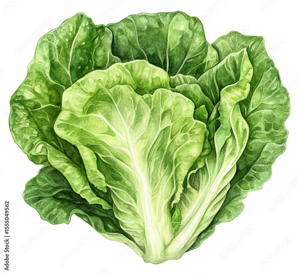 Fresh green coral lettuce with frilled leaves in watercolor botanical illustration style. Fresh green coral lettuce with frilled leaves in watercolor botanical illustration style.