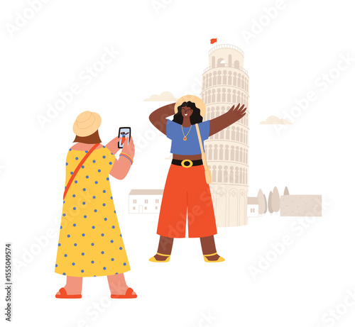 Happy women make photo of her friend near Pisa Tower. Friends on summer vacations. Travel destinations Italy. Summer travel destinations Europe. Flat style vector illustration