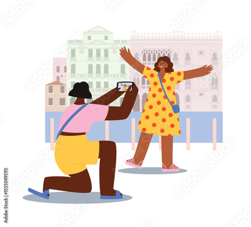Happy women make photo of her friend near Ca' d'Oro palace in Venice. Friends on summer vacations. Travel destinations Italy. Summer travel destinations Europe. Flat style vector illustration