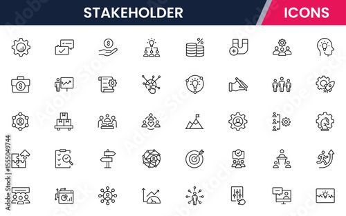 Vector illustration web line icon collection for stakeholder collaboration, influence, communication, and partnership symbols in a professional, modern, and interconnected design style.