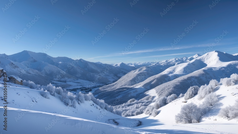 Fototapeta premium Snow-covered mountain landscape with peaks and trees under a clear blue sky.