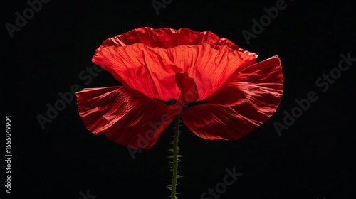 Red poppy flower on black background. Remembrance Day, Armistice Day, Anzac day symbol, floral, flora, blossom, closeup, garden, bloom,