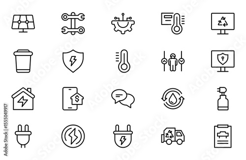 Public Utilities line Icon set, Modern, Scalable Line Art for Water, Electricity, Waste Management & Public Services.