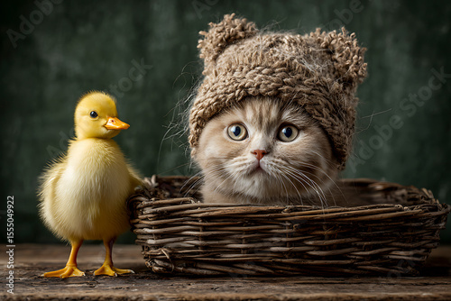 Heartwarming Portrait of Golden Kitten and Downy Duckling in Cozy Studio Setting