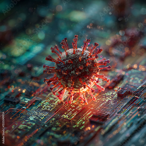 Hyperrealistic virus attacking digital network with vibrant code battle