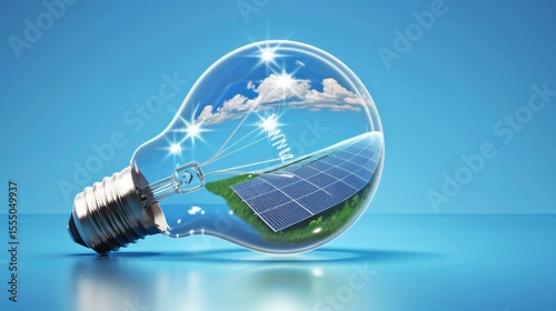 A light bulb is lit up and placed on top of a solar panel. Concept of innovation and sustainability, as the light bulb is powered by the sun