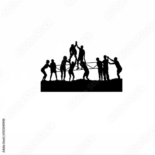 Silhouette of a group participating in a team-building exercise outdoors on white background