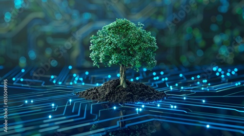 Tree with soil growing on the converging point of computer circuit board. Blue light and wireframe network background. Green Computing, Green Technology, Green IT, csr, and IT ethics Concept