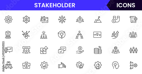 Vector illustration web line icon collection for stakeholder collaboration, influence, communication, and partnership symbols in a professional, modern, and interconnected design style.