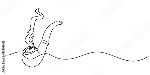 One continuous line drawing smoking pipe with smoke. Vintage tobacco pipe isolated on white background. Tube for smoking tobacco concept in a minimalistic linear style . Vector illustration.          