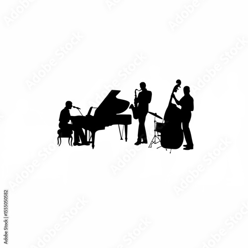 Silhouette of a jazz band performing in a dimly lit bar on white background