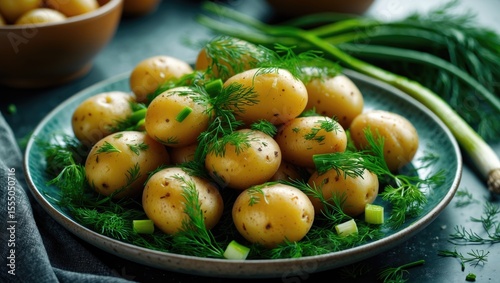 Fresh potatoes with dill and green onions on a plate, ready to cook.