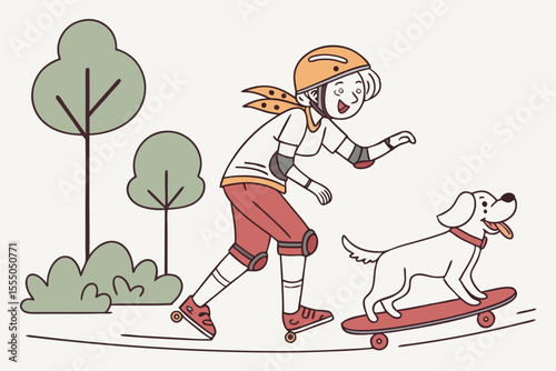 Elderly woman riding skateboard or longboard with dog. Recreational and healthy sport activities for grandmother. Flat cartoon vector illustration