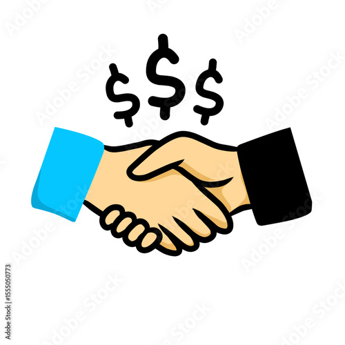 Two hands shaking with dollar signs floating above, symbolizing a successful business deal, financial agreement, or partnership