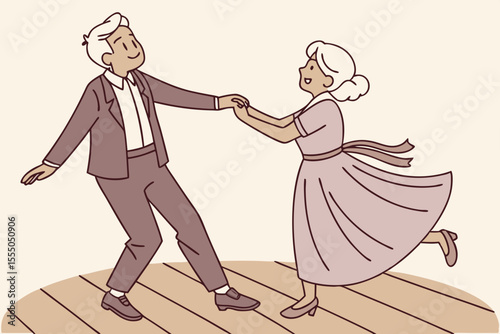 Elderly man and woman dancing together. Cute old couple