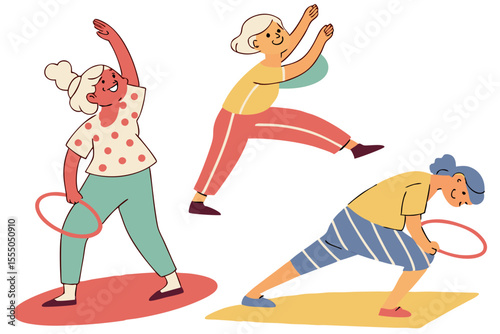 Senior people cartoon characters doing sport practicing yoga enjoying aerobic and gymnastics set