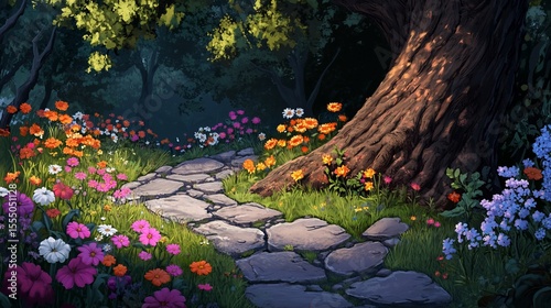 A sunlit path through a vibrant flower-filled forest