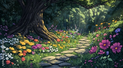 A sunlit path winds through a vibrant flower-filled forest. Lush flora and ancient tree create a serene atmosphere