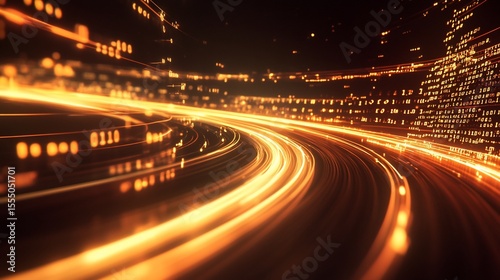 A swirling, abstract city at night, illuminated by golden light trails.  Dynamic movement, digital style