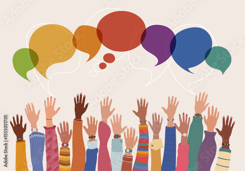 Anonymous multicultural group of people with hand raised speech bubble racial equality communication diversity and inclusion isolated
