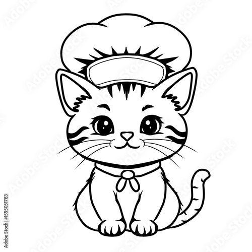 A charming line art illustration of a cat wearing a chef's hat, ideal for cooking-themed coloring books