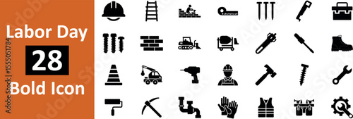 28 Labor day bold icon collection featuring construction tools and safety gear isolated on transparent background