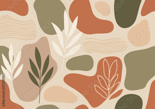 A contemporary, abstract pattern layers organic shapes with stylized botanical illustrations and wavy line textures in a calming, earthy palette of terracotta and green. Vector Patterns