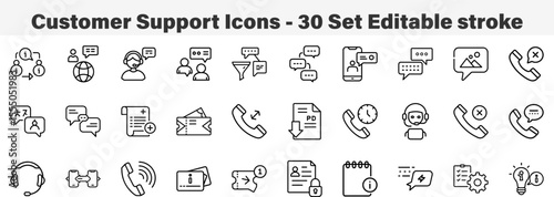 Customer Support Icons 30 Set. Line Art Icon Collection. Editable Stroke Vector Illustration