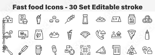 Fast Food Icons 30 Set. Line Art Icon Collection. Editable Stroke Vector Illustration