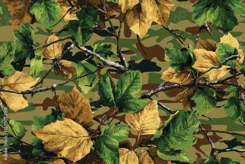Camouflage seamless pattern. Forest real tree camouflage design. Hunting camouflage.