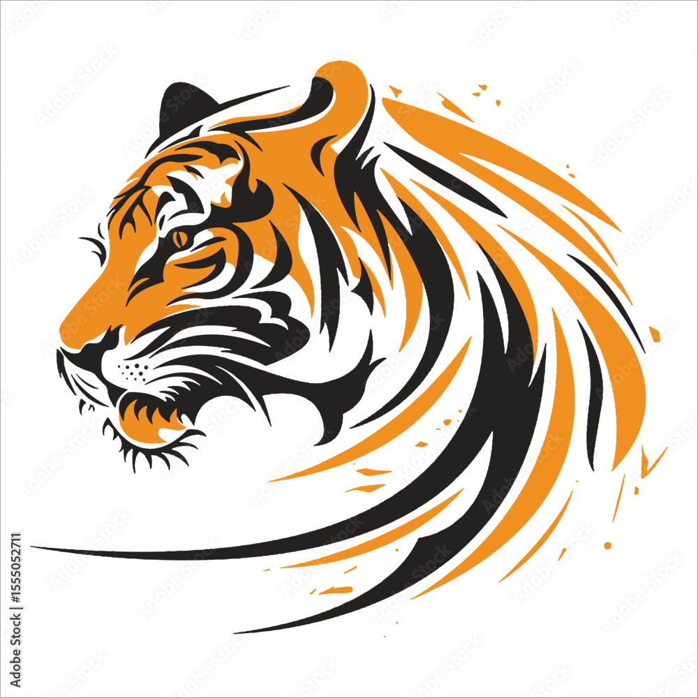 Fototapeta premium Stylized Tiger Head Vector – Dynamic Orange and Black Illustration