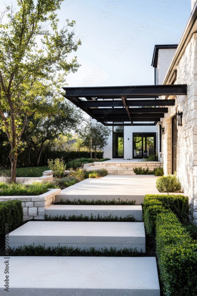 Modern landscaping enhances the beauty of a contemporary home with stone accents and sleek design in a serene environment during daytime Modern landscaping enhances the beauty of a contemporary home with stone accents and sleek design in a serene environment during daytime