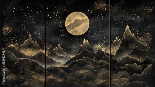 A tripartite landscape, featuring towering mountains, a full moon, and a night sky filled with stars.  A gold-tone aesthetic enhances the scene