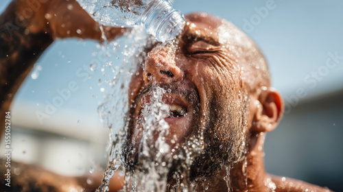 Male subject is experiencing a refreshing splash of water on his face, showcasing joy and relief in hot weather, with bright sunlight illuminating the scene