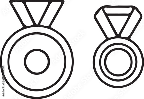 Two bold black outline icons of medals, one large and one small, featuring a circular design with concentric rings and a ribbon at the top, symbolizing achievement and reward.