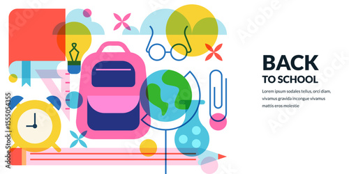 Back to school banner poster design. Vector education illustration of backpack, book, alarm clock, globe, flask