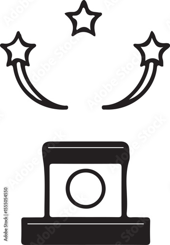 A black outline icon showing a pedestal with three stars arching above it, symbolizing a winning podium or achievement.