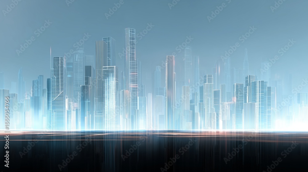 Fototapeta premium Ethereal blue-tinted futuristic cityscape, translucent glass architecture, dreamy atmospheric landscape, holographic building effects, misty modern skyline, clean minimalist architectural design