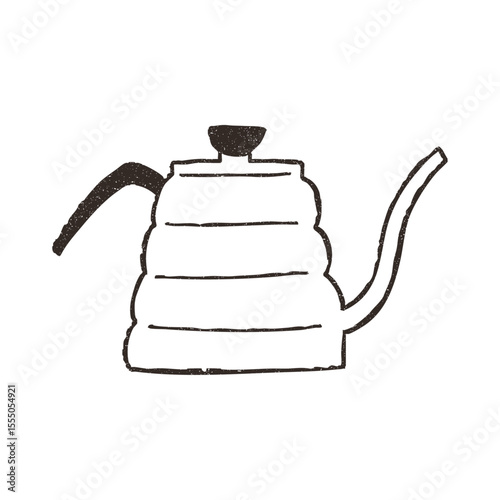 Coffee maker kettle with goose neck, cartoon doodle vector illustration isolated on white background. Hand drawn outline art with grunge texture. Concepts of cafe.